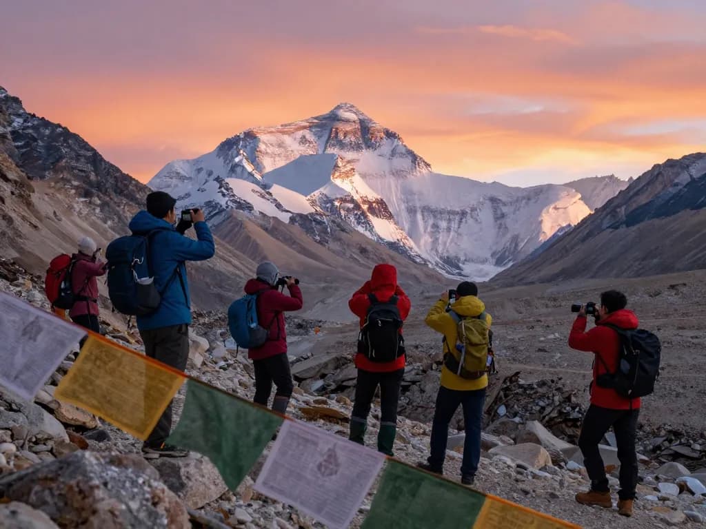 Everest Base Camp trekkers capturing stunning sunrise views with majestic peaks in the background.