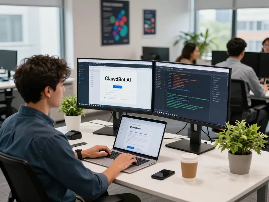 Developer using ClawdBot AI on dual monitors in a modern office setup, showcasing productivity and innovation.