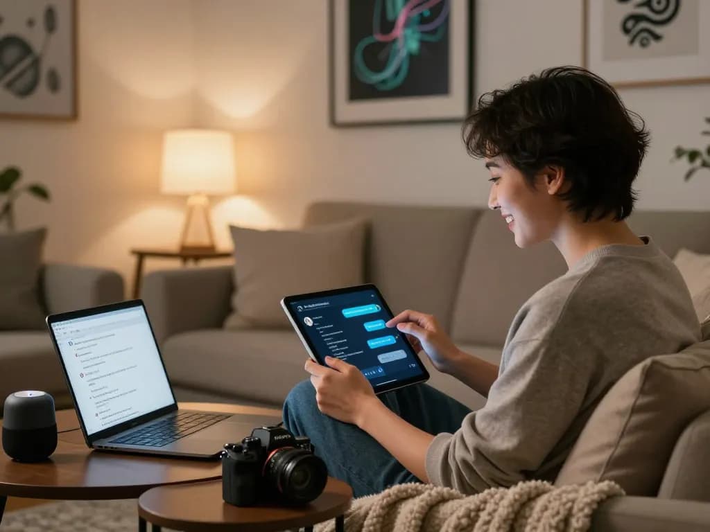 Engaging with ai sex chat on a sleek tablet in a cozy living room, capturing the essence of modern AI companionship.