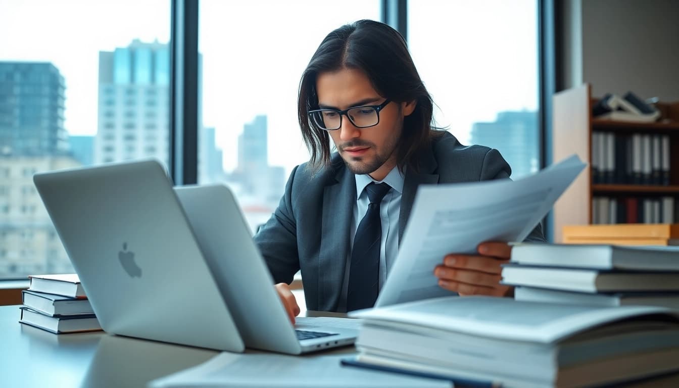 Clearwater truck accident lawyer analyzing case files in a professional office environment.