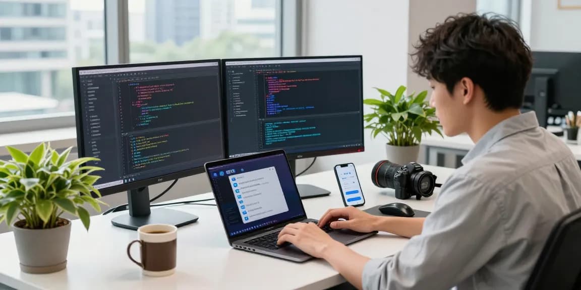 Developer working on Telegram中文 interface in a modern tech workspace.