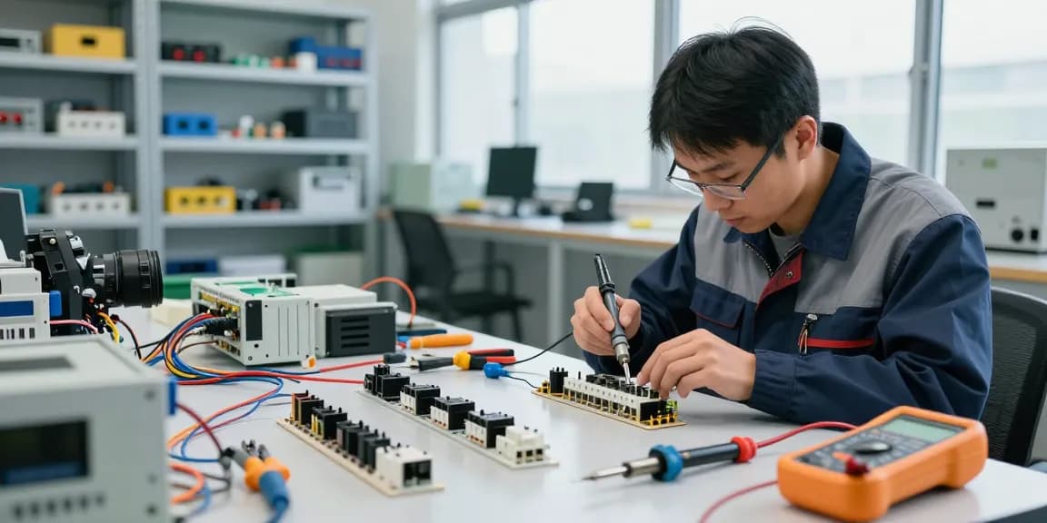 Technician assembling IEC connectors with precision at an organized electrical engineering workspace