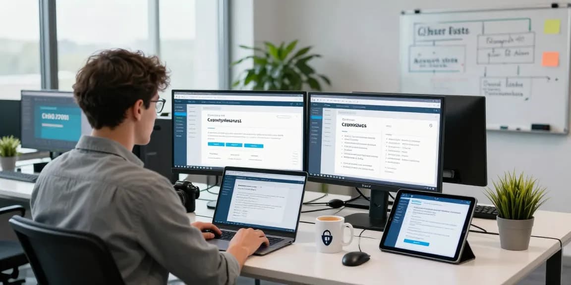 cyber essentials vs iso 27001 comparison in a modern cybersecurity workspace with compliance visuals and tech elements