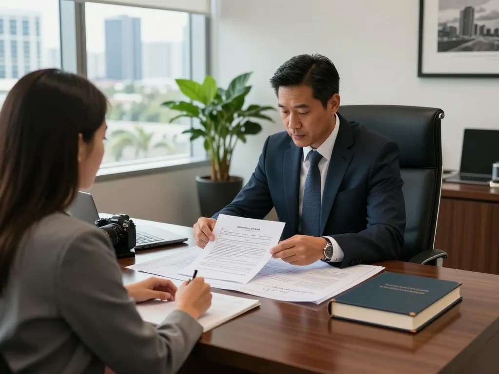 Boca Raton Construction Litigation Lawyer discussing case details with a client in a refined office.
