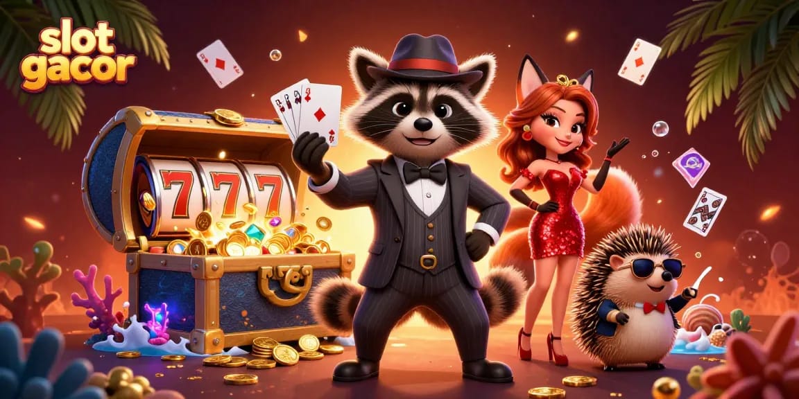Engage with slot gacor action as a raccoon displays a royal flush amidst vibrant casino treasures.