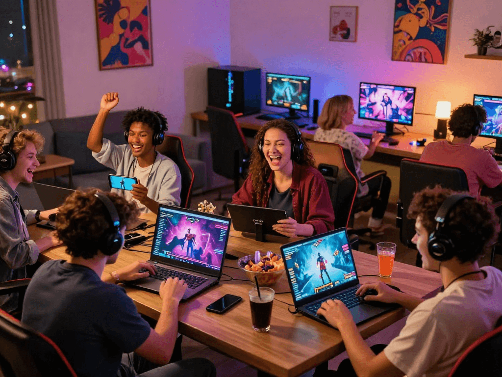 Engaged adults playing a sex game online in a vibrant gaming lounge.
