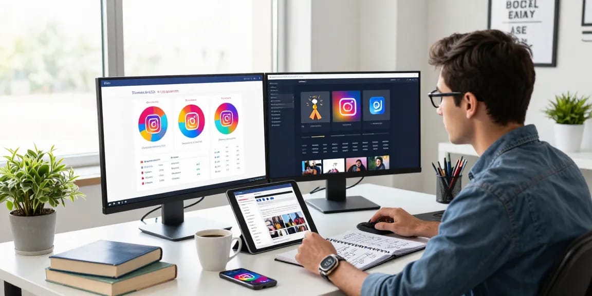 Digital marketing specialist reviewing metrics and strategies on where to buy Instagram followers in modern office.