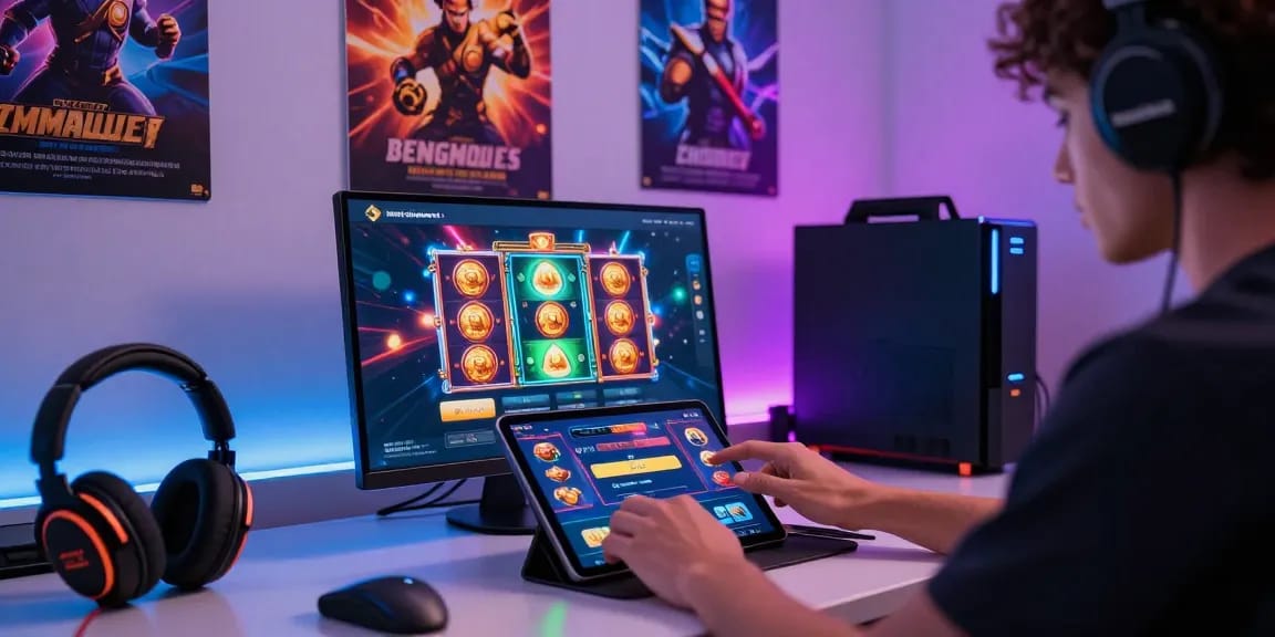 Engaging rokok88 slot login interface on a stylish tablet amidst modern gaming accessories and vibrant graphics.