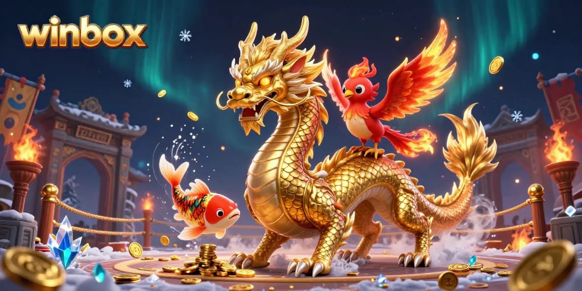 Winbox showcases a captivating dragon, phoenix, and koi fish in a dynamic online casino scene.