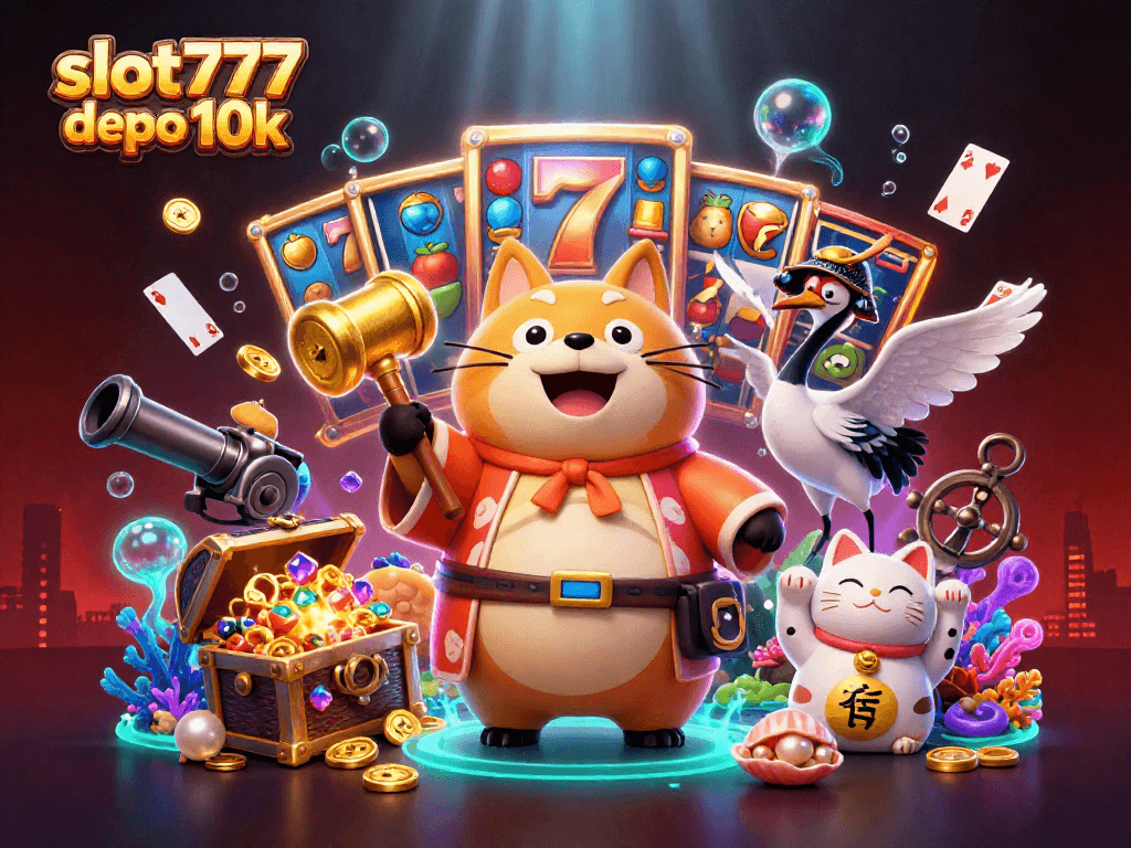 Spin to win at slot777 depo 10k with joyful tanuki and colorful symbols in a vibrant casino scene.