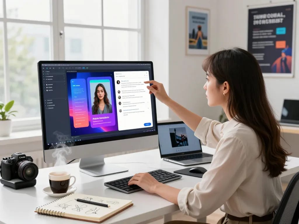 Engaged user interacting with the image to prompt generator tool showcasing vibrant AI-generated prompts.