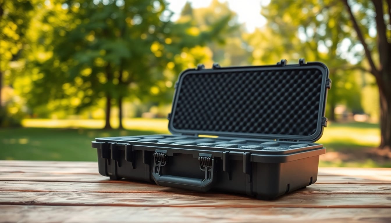 Showcasing a pelican gun case for sale with detailed locking mechanism against an outdoor backdrop.