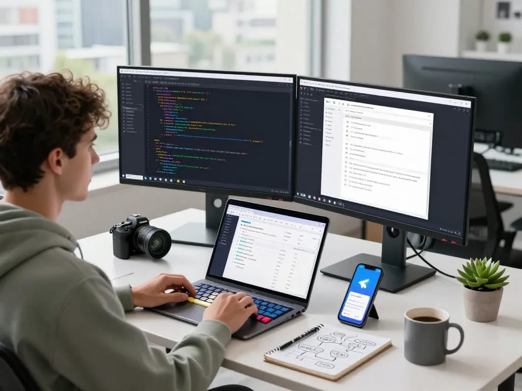 Moltbot AI developer in a modern workspace with dual monitors and coding tools.