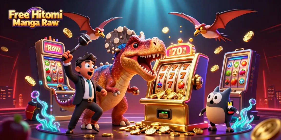 Experience Free Hitomi Manga Raw as a dinosaur brings luck at the casino amidst flying coins and vibrant gaming elements.