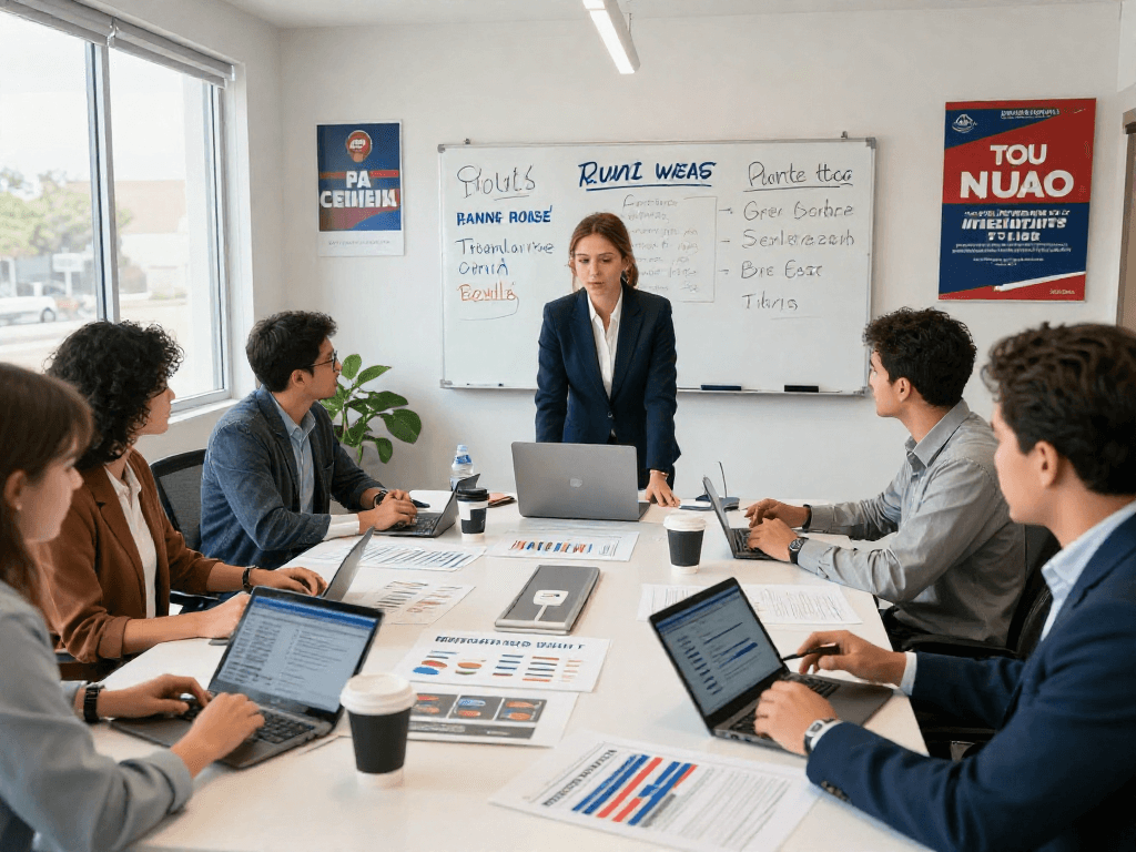 Text to donate for campaigns displayed in a modern political office, showcasing teamwork and strategy.