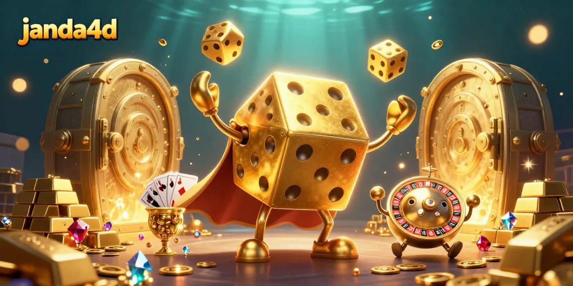 Menangkan permainan di janda4d dengan ilustrasi golem dadu keemasan yang menggembirakan!