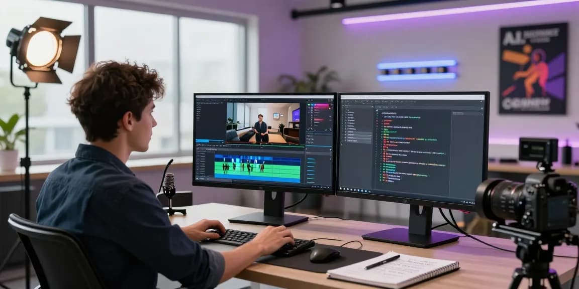 Video content creator using prompt ai tools in a modern workspace, editing video and refining AI-generated prompts.