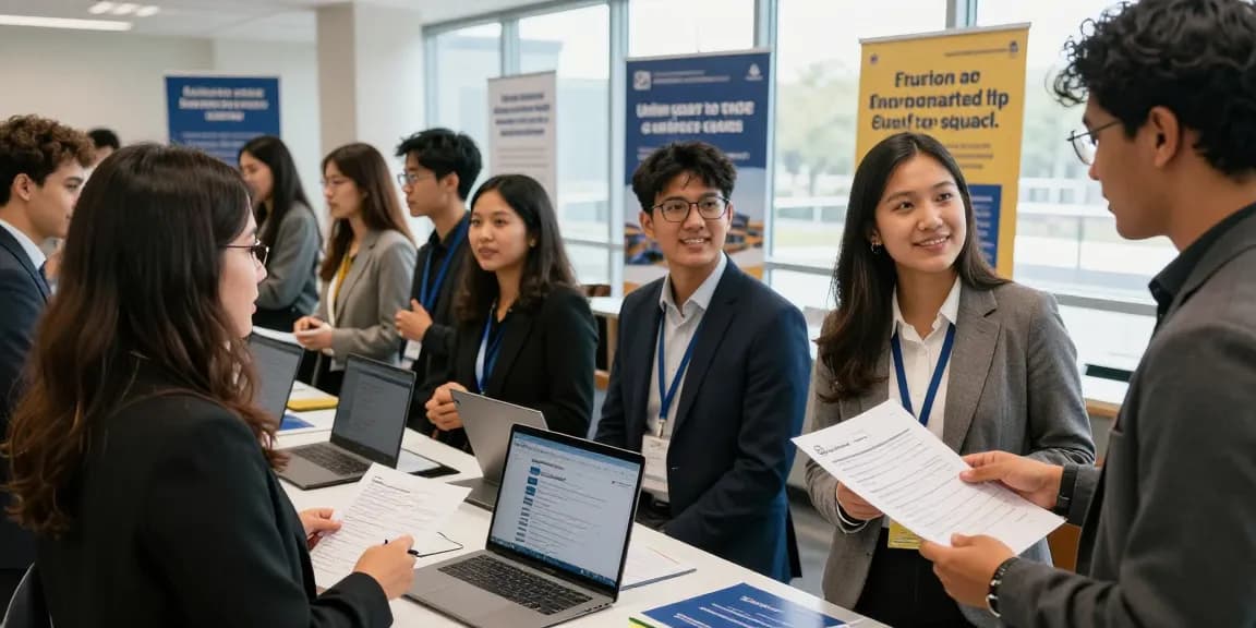 University and trade schools graduates networking at career fair engaging with employers in bright venue.