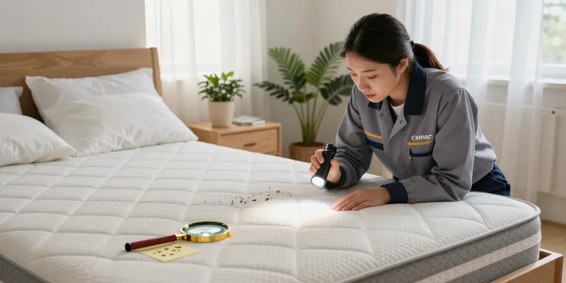 Bed bug removal inspection in a cozy bedroom by a professional expert finding signs of infestation.