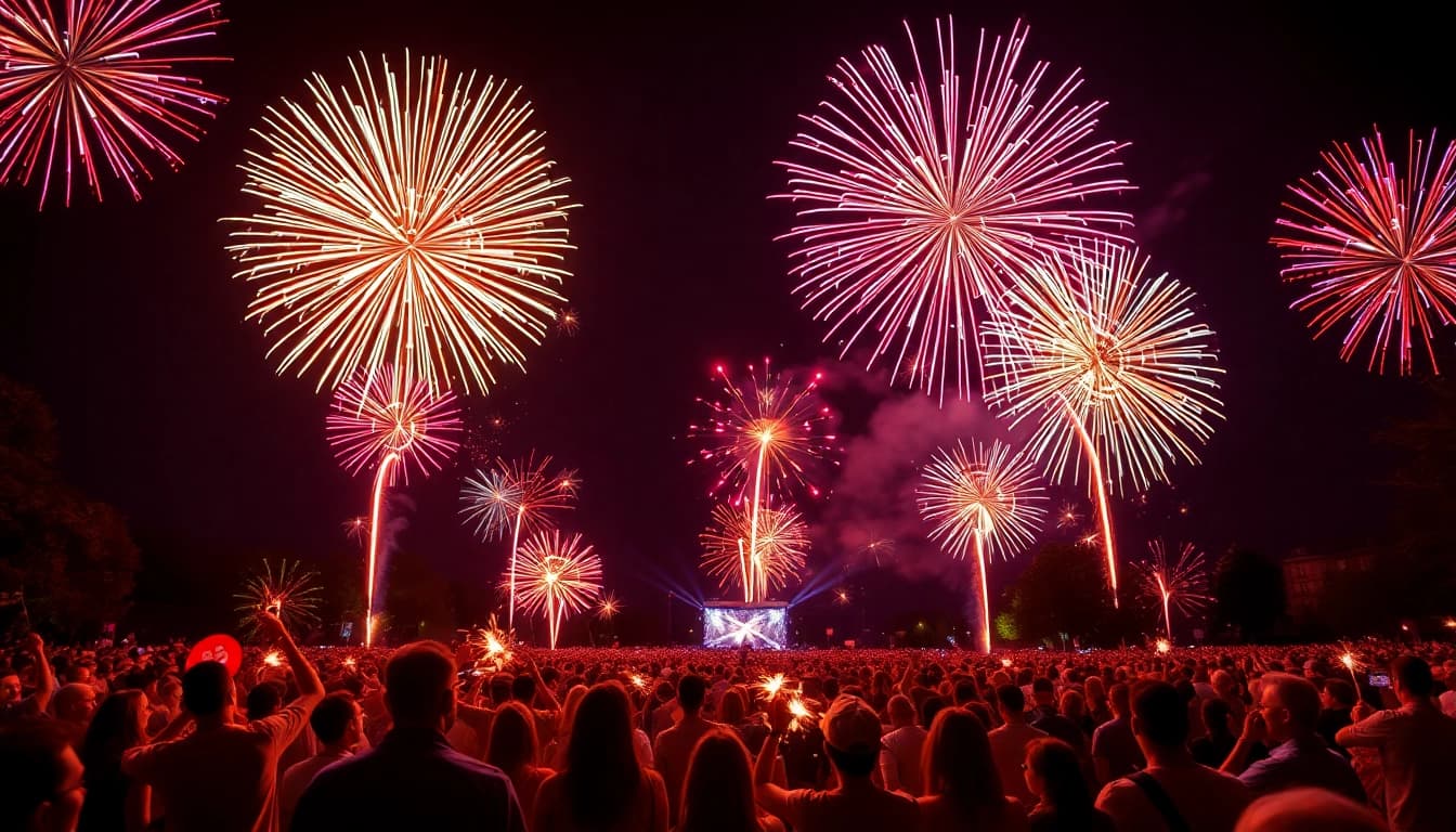 Brilliant fireworks uk display illuminating the sky, captivating an excited crowd during a festive event.