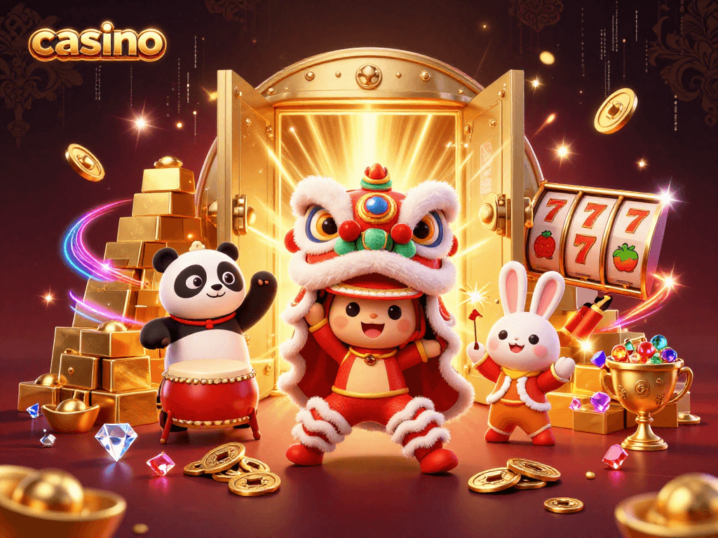 Engage in casino excitement with vibrant characters and sparkling treasures in this festive scene.