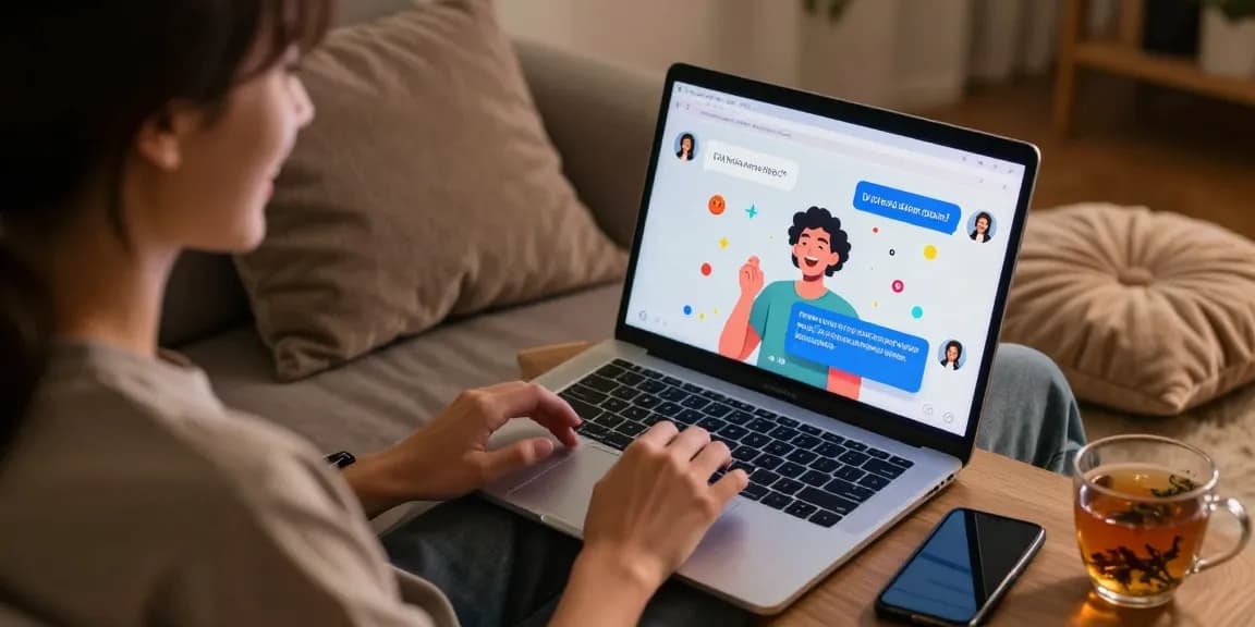 Engaging in nsfw chat ai session on a modern laptop, cozy atmosphere, playful character illustrations.