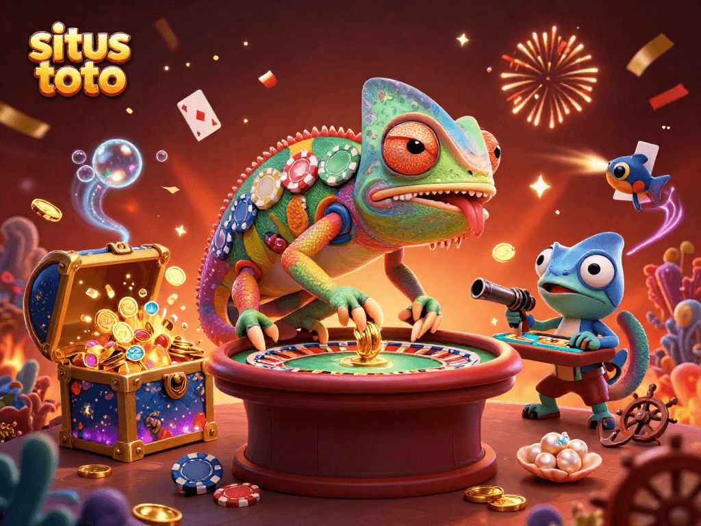 Menggambar situs toto yang menampilkan chameleon kasino 3D besar dengan latar belakang penuh warna dan efek menarik.