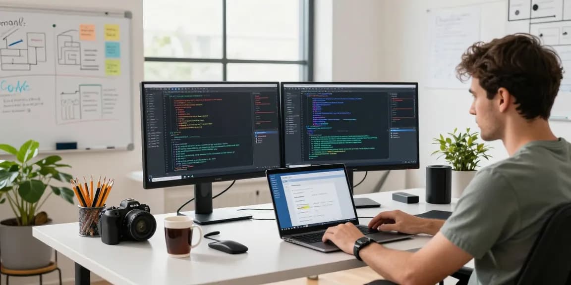 Developer working on open claw skill at a modern tech workspace with vibrant coding displays and creative clutter.