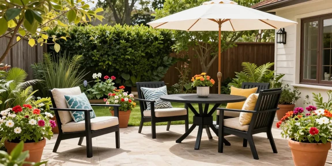 Outdoor patio furniture displayed in a vibrant garden setting, featuring a Camden Club Chair and Lotus Dining Set in Black, ideal for summer gatherings.