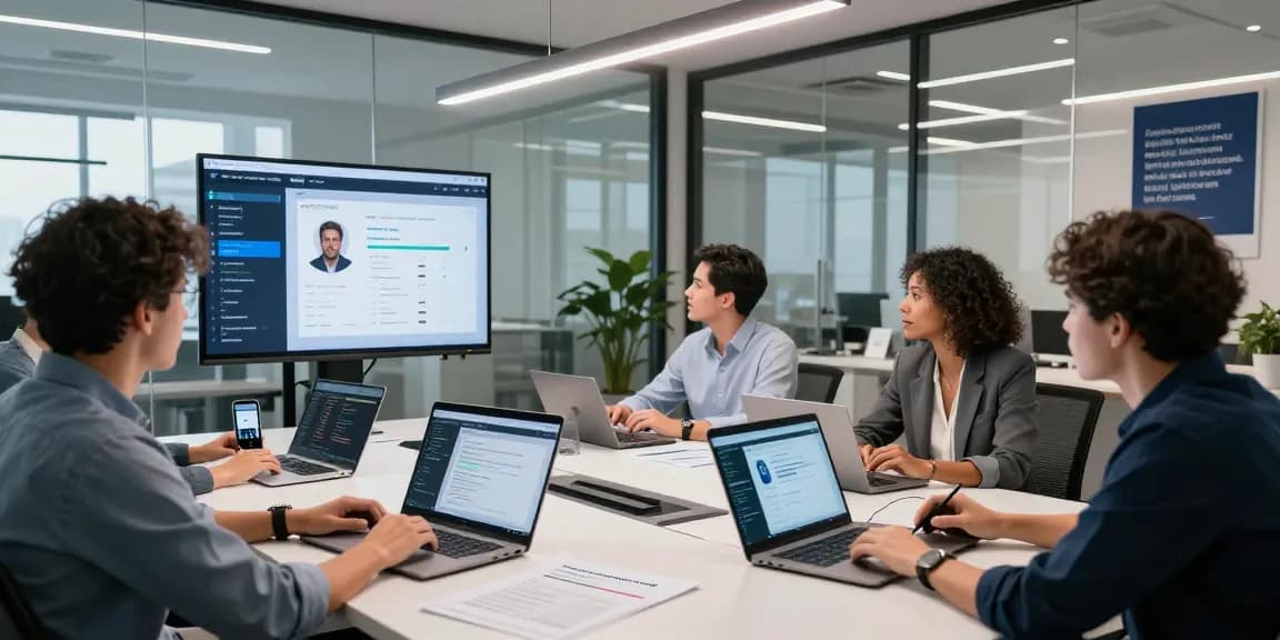 Dynamic team collaboration on age verification system technology in a modern office setting
