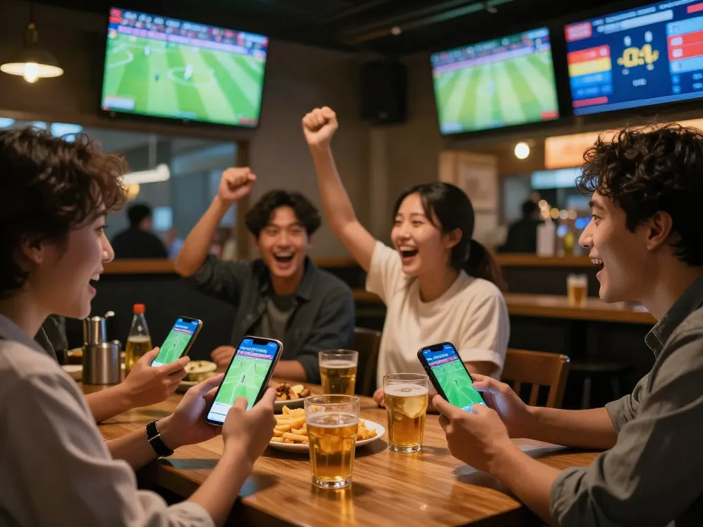 Engaged sports bettors using the nhandinhkeonhacai app to place wagers during an exciting football match.