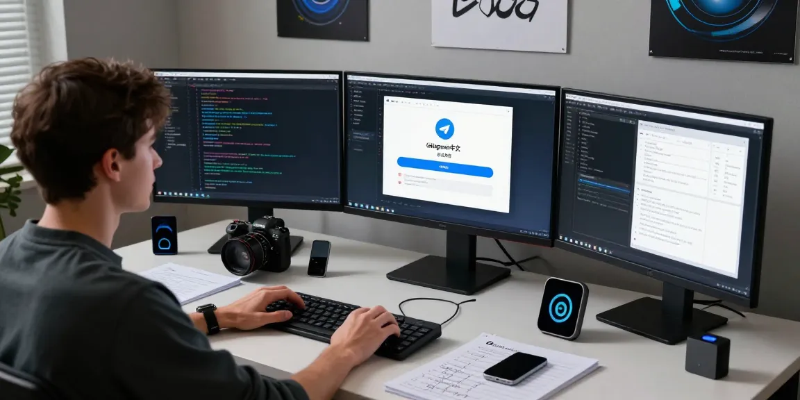Person optimizing telegram中文 app interface in a modern tech workspace with multiple screens.