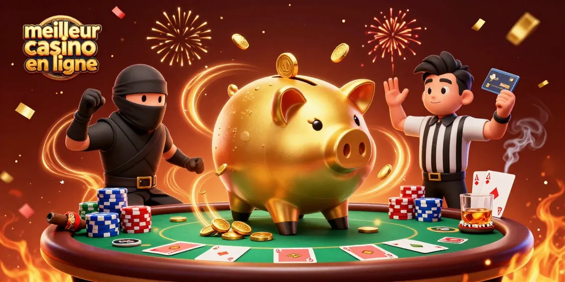 Illustration dynamique du meilleur casino en ligne avec un sumo en forme de tirelire dorée et des éléments de poker, remplie de jeux d'argent.