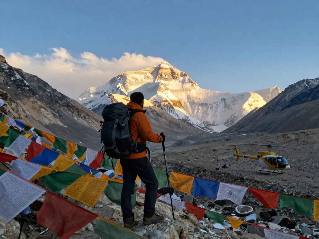 Traveler at Everest Base Camp Heli Trek with majestic peaks and helicopter in sunrise