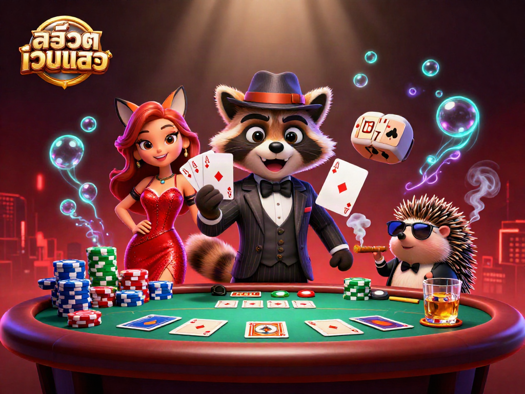Experience exciting gameplay with สล็อตเว็บตรง at a lively poker scene featuring animated characters.
