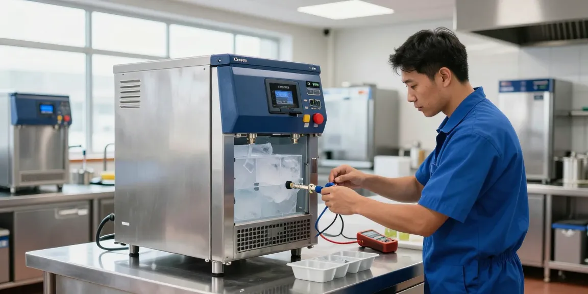 Expert technician performing Commercial Ice Machine Repair in a bright professional kitchen.