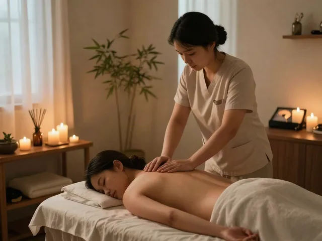 Relaxation scene of a client receiving 산본출장마사지 in a serene therapy room