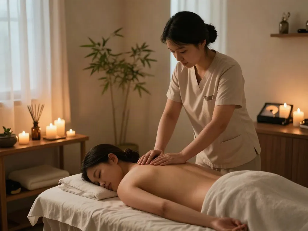 Relaxation scene of a client receiving 산본출장마사지 in a serene therapy room