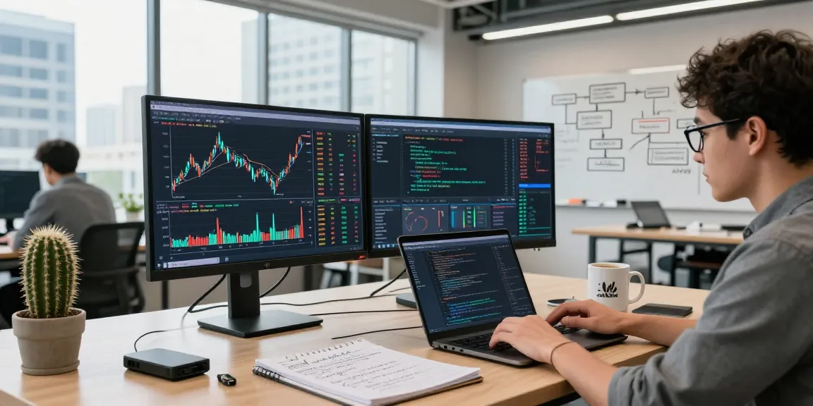 Developer coding algorithmic trading API in a modern fintech workspace with financial data on screens.