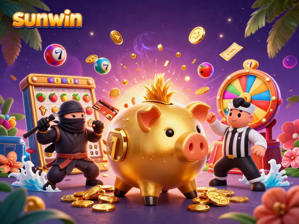 Engage with Sunwin's dynamic gaming scene featuring a piggy bank sumo wrestler triumphantly shaking coins while surrounded by exciting slot elements.