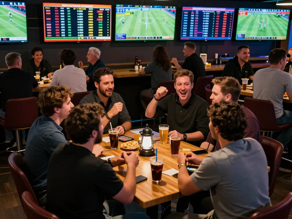 Fans engaging in viral4d sports betting at a lively bar environment with multiple screens