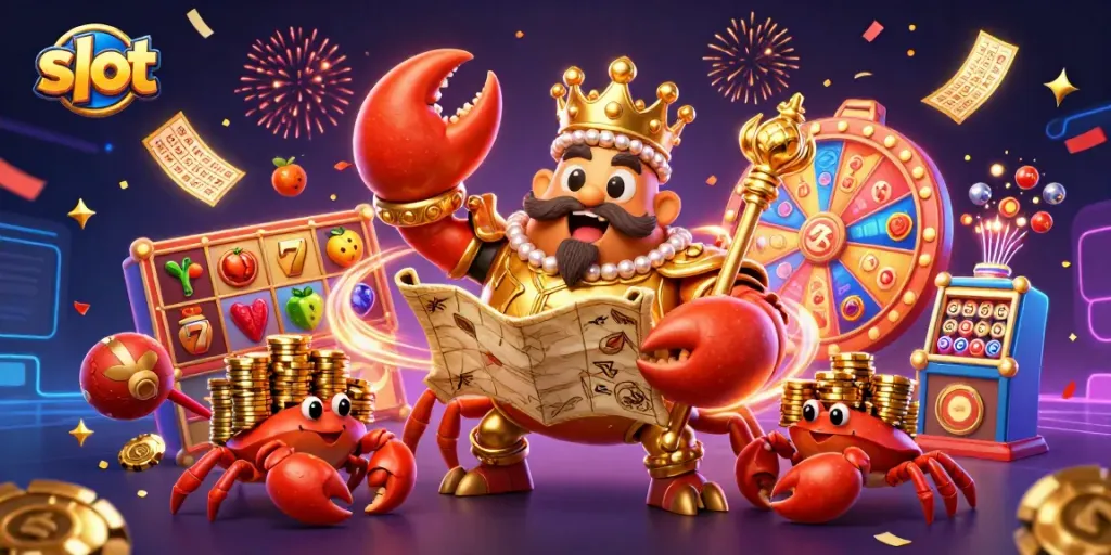 Pemain slot menikmati kemenangan dengan karakter kepiting emas dan simbol menarik di kasino.