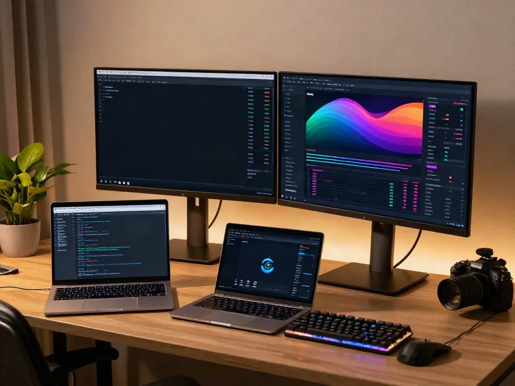 Real-time 指数API dashboard on dual monitors in a cryptocurrency trading office, showcasing advanced financial data.