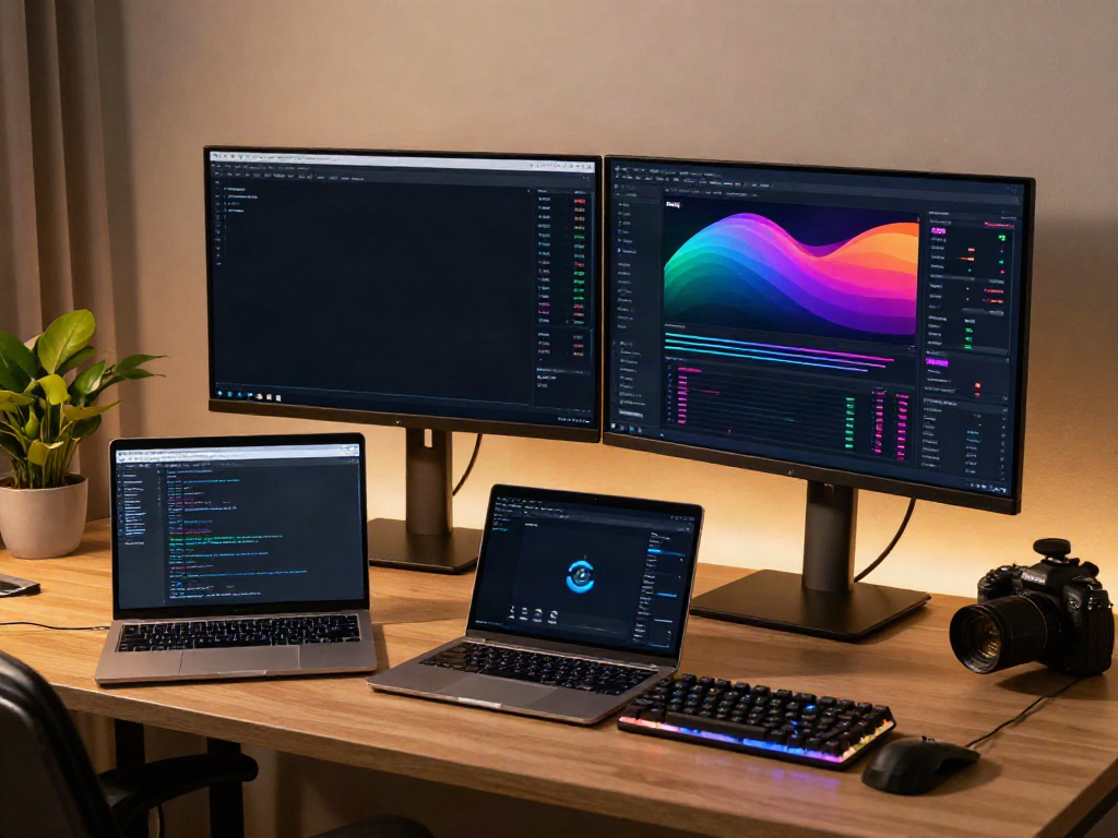Real-time 指数API dashboard on dual monitors in a cryptocurrency trading office, showcasing advanced financial data.