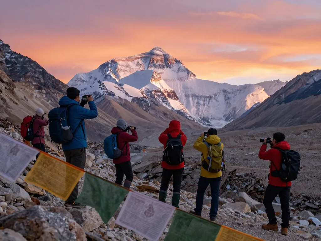 Everest Base Camp trekkers capturing stunning sunrise views with majestic peaks in the background.