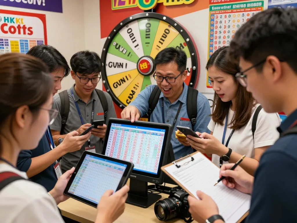 Excited players analyzing HK Lotto results in a vibrant, modern setting.