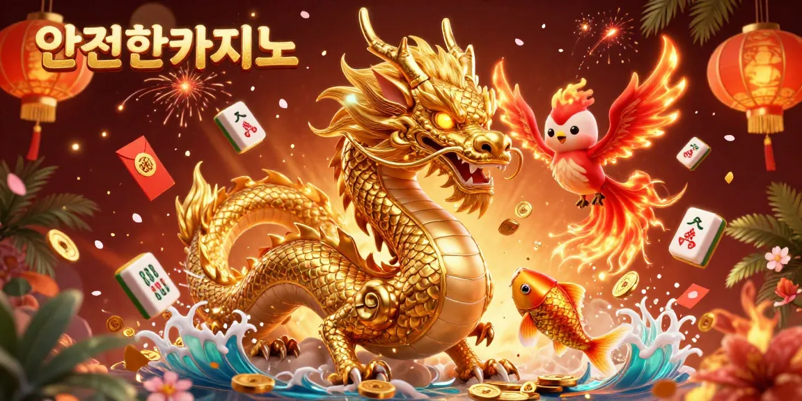 안전한카지노에서 카지노 게임을 즐기는 모습, 황금색 용과 붉은색 불사조가 함께하는 흥미로운 장면