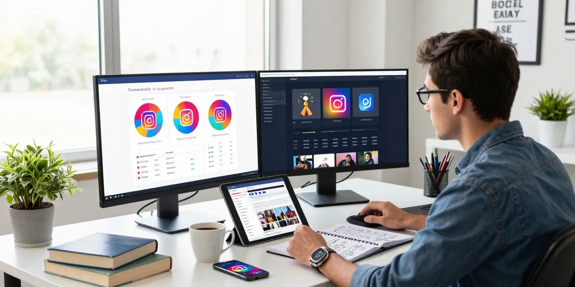 Digital marketing specialist reviewing metrics and strategies on where to buy Instagram followers in modern office.