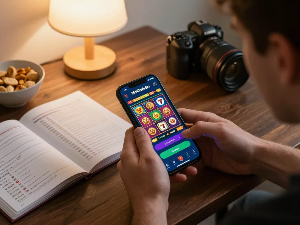 Engaged user playing 789clubgo slots game on mobile in a cozy home setting.