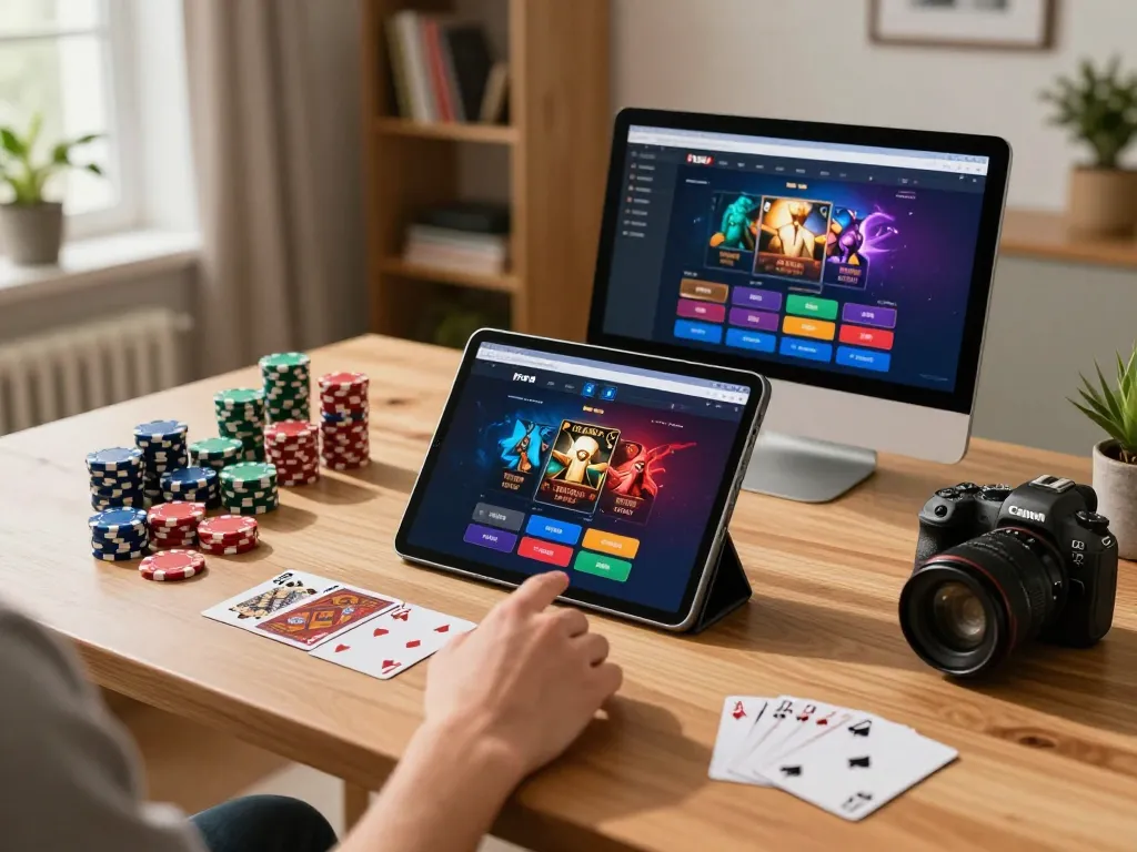 Engaging with RR88's online casino app, person surrounded by poker chips and cards in a stylish setup